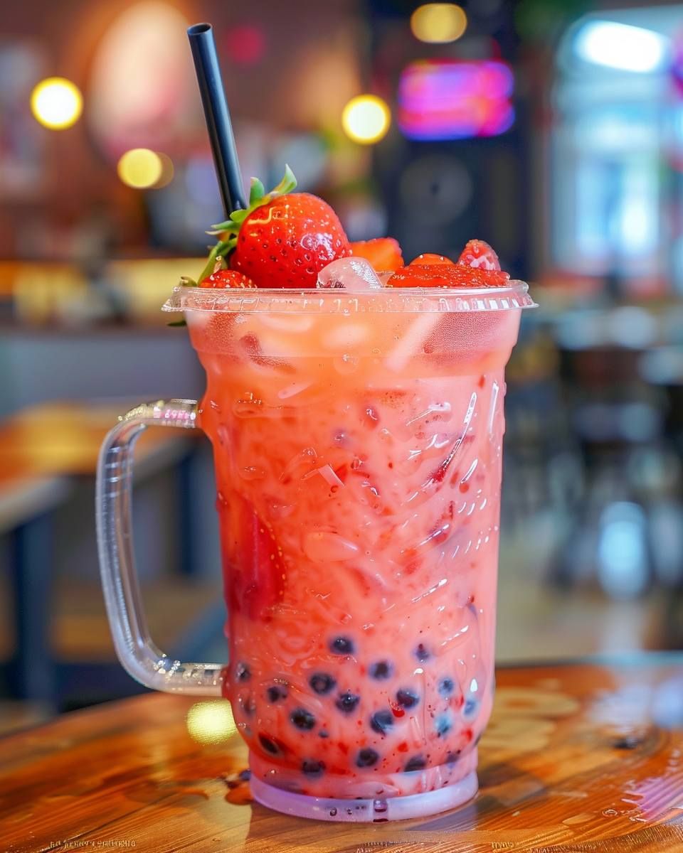 Strawberry Milktea with fresh strawberry flavor and silky milk tea base